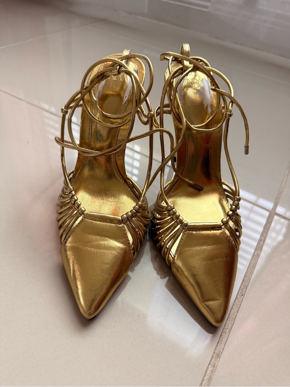 Zara Gold Metallic Strappy Lace-Up Pointed Toe Heels- Size EU 38